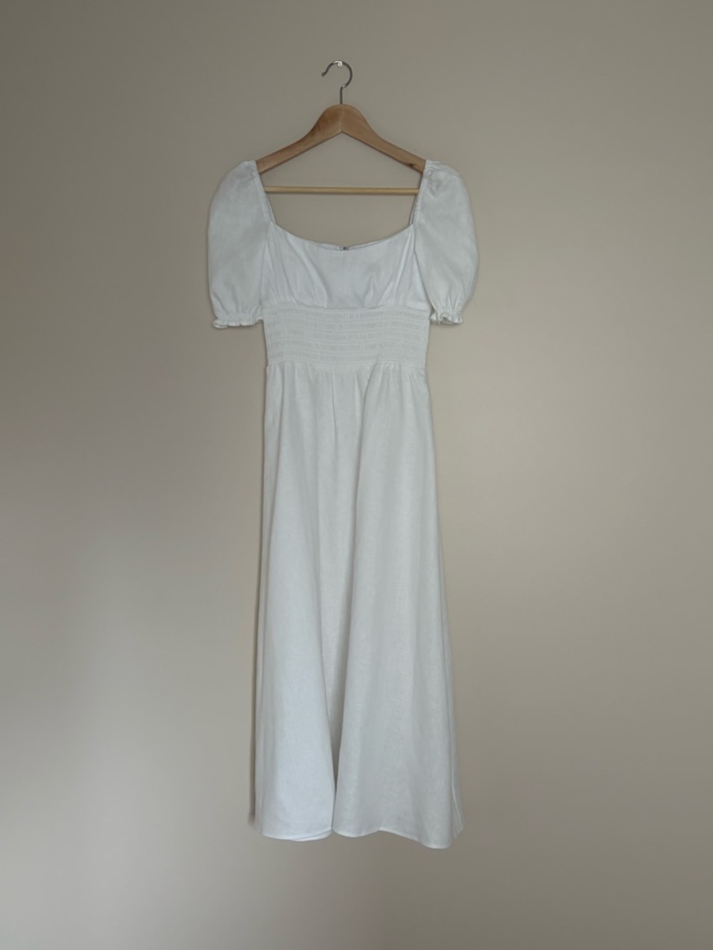 NEW Reformation Adler Linen Midi Smocked Puff Sleeve Dress White | US 6 UK 10 - Picture 6 of 12